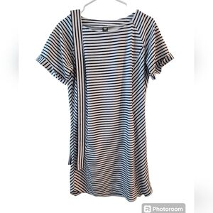 HELLY HANSEN THALIA BLUE AND WHITE STRIPED BELTED DRESS. SIZE SMALL.